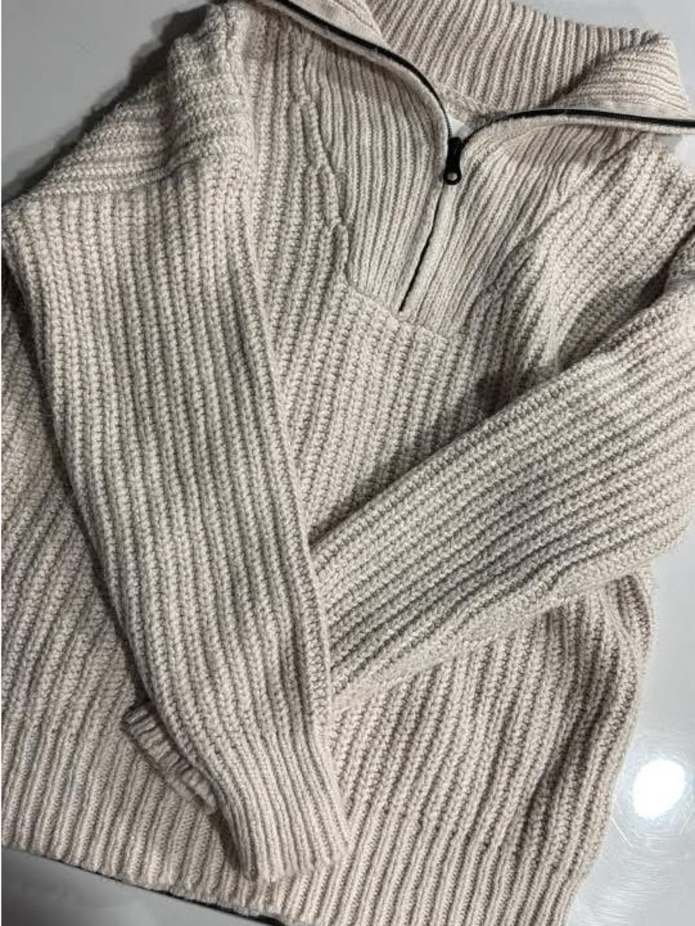 aerie Cream Ribbed Half-Zip Pullover Sweater